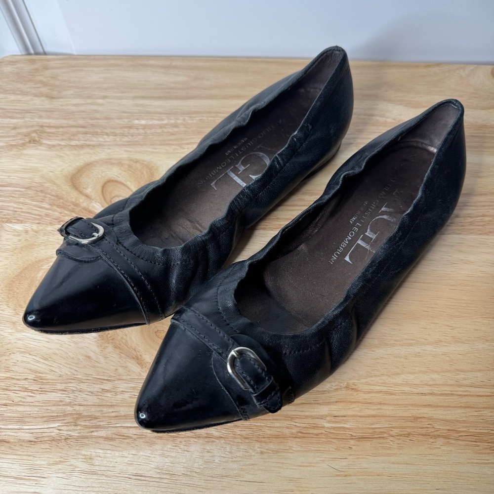 AGL Black Leather Pointy Toe Ballet Flats